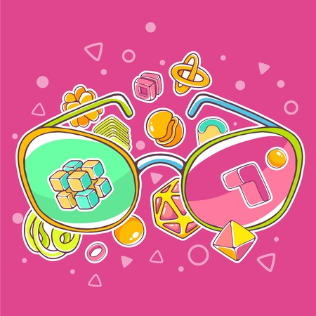 Vector colorful illustration of green and red sunglasses on red background with abstract elements. Hand draw line art design for web, site, advertising, banner, poster, board, brochure and print.のイラスト素材
