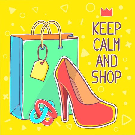 Vector colorful illustration of red women's shoes and green shopping bag on yellow background with text. Hand draw line art design for web, site, advertising, banner, poster, board, brochure and print.のイラスト素材