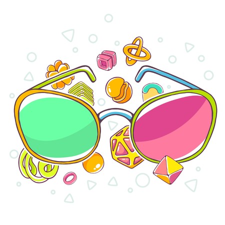 Vector colorful illustration of green and red sunglasses on white background with abstract elements. Hand draw line art design for web, site, advertising, banner, poster, board, brochure and print.のイラスト素材