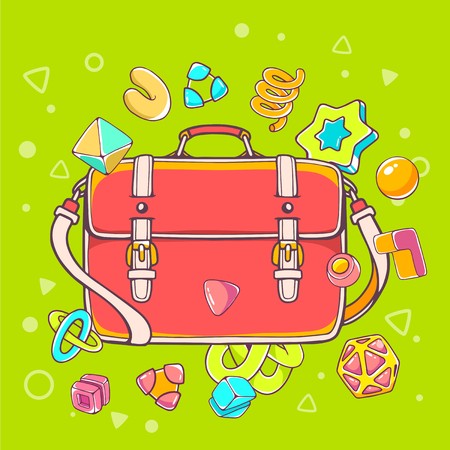 Vector colorful illustration of red shoulder bag on green background with abstract elements. Hand draw line art design for web, site, advertising, banner, poster, board, brochure and print.のイラスト素材