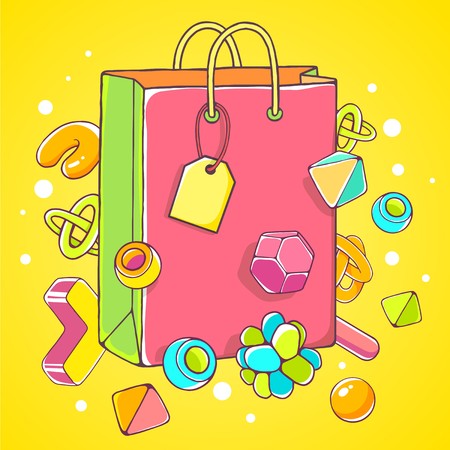 Vector colorful illustration of pink shopping bag on yellow background with abstract elements. Hand draw line art design for web, site, advertising, banner, poster, board, brochure and print.のイラスト素材