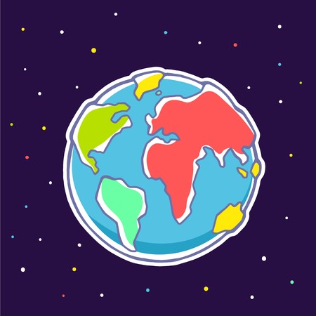 Vector colorful illustration of planet Earth on dark background with stars. Hand draw line art design for web, site, advertising, banner, poster, board, brochure and print.のイラスト素材