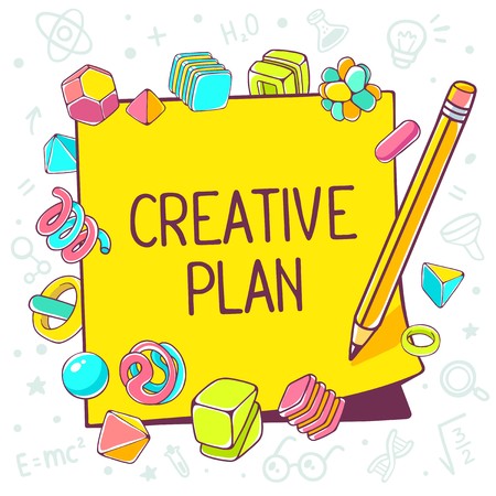 Vector colorful illustration of yellow sticker with text and pencil on white background with abstract elements. Hand draw line art design for web, site, advertising, banner, poster, board, brochure and print.のイラスト素材