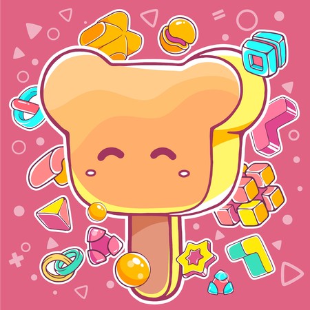 Vector colorful illustration of orange ice cream bear on pink background with abstract elements. Hand draw line art design for web, site, advertising, banner, poster, board, brochure and print.のイラスト素材