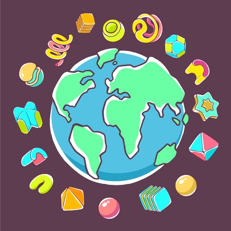 Vector colorful illustration of planet Earth on dark background with abstract elements. Hand draw line art design for web, site, advertising, banner, poster, board, brochure and print.のイラスト素材