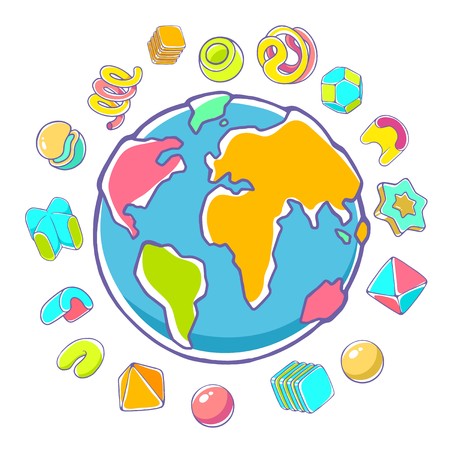 Vector colorful illustration of planet Earth on white background with abstract elements. Hand draw line art design for web, site, advertising, banner, poster, board, brochure and print.のイラスト素材