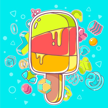 Vector colorful illustration of red ice cream on blue background with abstract elements. Hand draw line art design for web, site, advertising, banner, poster, board, brochure and print.のイラスト素材