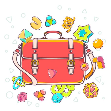 Vector colorful illustration of red shoulder bag on white background with abstract elements. Hand draw line art design for web, site, advertising, banner, poster, board, brochure and print.のイラスト素材