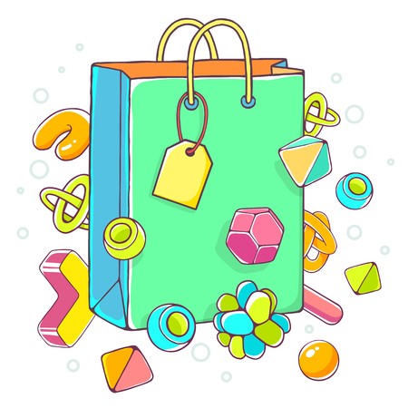 Vector colorful illustration of green shopping bag on white background with abstract elements. Hand draw line art design for web, site, advertising, banner, poster, board, brochure and print.のイラスト素材
