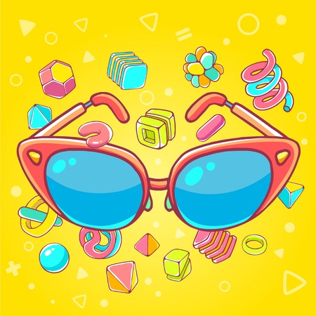 Vector colorful illustration of red sunglasses on yellow background with abstract elements. Hand draw line art design for web, site, advertising, banner, poster, board, brochure and print.のイラスト素材