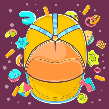 Vector colorful illustration of yellow peaked cap on dark background with abstract elements. Hand draw line art design for web, site, advertising, banner, poster, board, brochure and print.のイラスト素材