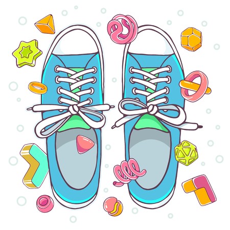 Vector colorful illustration of blue gumshoes on  white background with abstract elements. Hand draw line art design for web, site, advertising, banner, poster, board, brochure and print.のイラスト素材