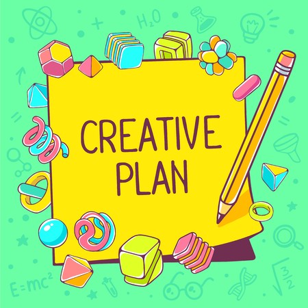 Vector colorful illustration of yellow sticker with text and pencil on green background with abstract elements. Hand draw line art design for web, site, advertising, banner, poster, board, brochure and print.のイラスト素材