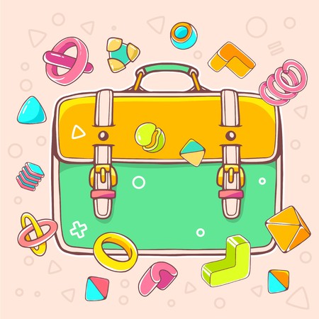 Vector colorful illustration of yellow and green backpack on white background with abstract elements. Hand draw line art design for web, site, advertising, banner, poster, board, brochure and print.のイラスト素材