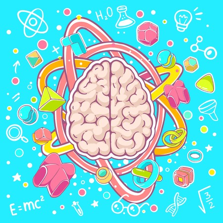 Vector colorful illustration of model of human brain top view on blue background. Hand draw line art design for web, site, advertising, banner, poster, board, brochure and print.のイラスト素材