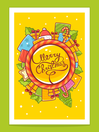 Vector illustration of red and yellow christmas items around world and hand written text on yellow background with white snowflakes. Bright color. Hand draw line art design for web, site, advertising, banner, poster, board, postcard, print and greeting caのイラスト素材