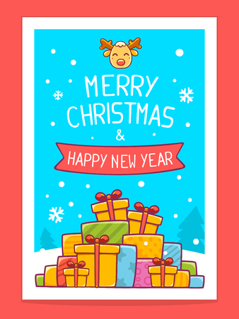Vector illustration of colorful pile of christmas gifts and hand written text on blue background with white snowflakes. Bright color. Hand draw line art design for web, site, advertising, banner, poster, board, postcard, print and greeting card.のイラスト素材