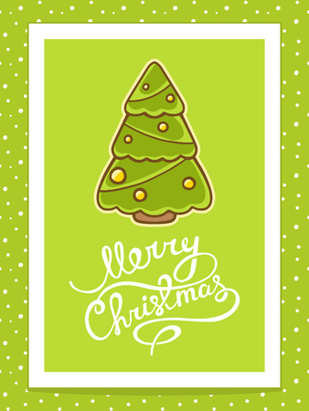 Vector illustration of green christmas tree with white hand written text on green background. Bright color. Hand draw line art design for web, site, advertising, banner, poster, board, postcard, print and greeting card.のイラスト素材