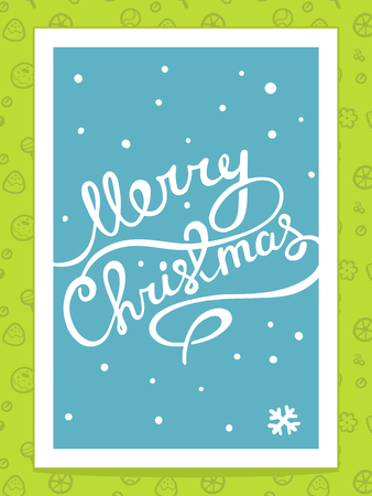 Vector illustration of christmas hand written text on blue background with white snowflakes. Bright color. Hand draw line art design for web, site, advertising, banner, poster, board, postcard, print and greeting card.のイラスト素材