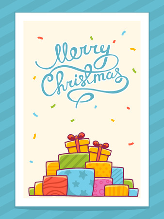 Vector illustration of colorful pile of christmas gifts and hand written text on light background with white frame. Bright color. Hand draw line art design for web, site, advertising, banner, poster, board, postcard, print and greeting card.のイラスト素材