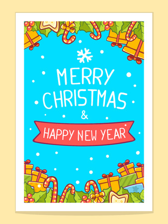 Vector illustration of christmas items and hand written text on blue background with white snow. Bright color. Hand draw line art design for web, site, advertising, banner, poster, board, postcard, print and greeting card.のイラスト素材