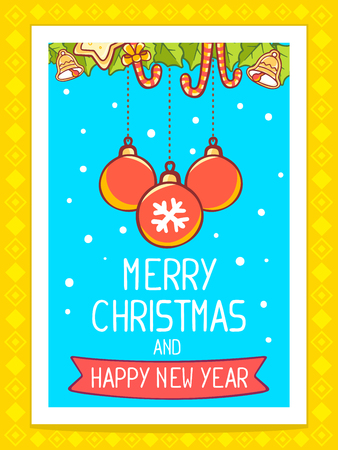 Vector illustration of christmas card with balls and hand written text on blue background with white snow. Bright color. Hand draw line art design for web, site, advertising, banner, poster, board, postcard, print and greeting card.のイラスト素材