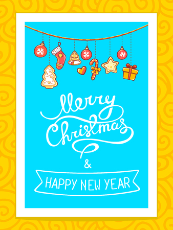 Vector illustration of red and yellow christmas garland and hand written text on blue background with white frame. Bright color. Hand draw line art design for web, site, advertising, banner, poster, board, postcard, print and greeting card.のイラスト素材