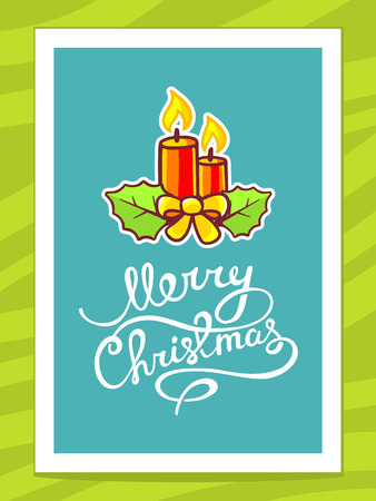 Vector illustration of red christmas candles with white hand written text on blue background. Bright color. Hand draw line art design for web, site, advertising, banner, poster, board, postcard, print and greeting card.のイラスト素材