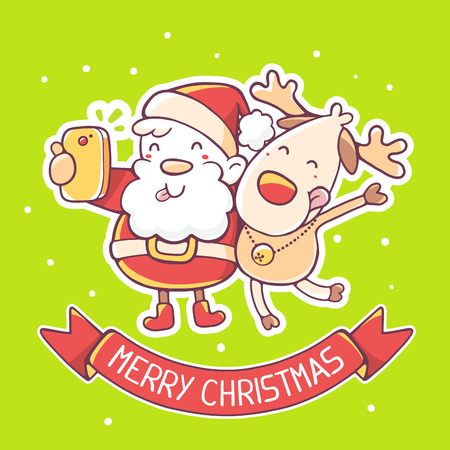 Vector illustration of santa claus and reindeer make selfie with red ribbon on green background. Hand draw line art design for poster, flyer, brochure, greeting card, web, site, banner, board, postcard and paper print.のイラスト素材