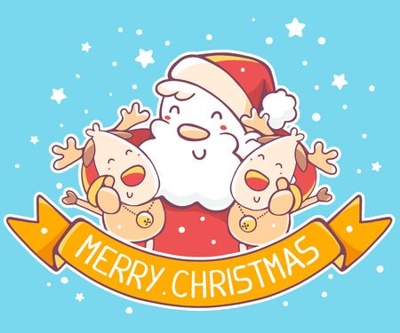 Vector illustration of red santa claus and two reindeers with yellow ribbon on blue background. Hand draw line art design for poster, flyer, brochure, greeting card, web, site, banner, board, postcard and paper print.のイラスト素材