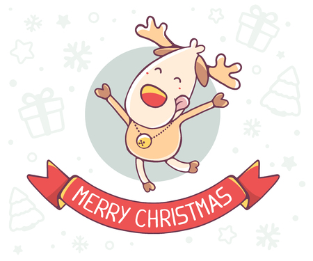 Vector illustration of standing full length brown deer with red ribbon on white background. Hand draw line art design for poster, flyer, brochure, greeting card, web, site, banner, board, postcard and paper print.のイラスト素材