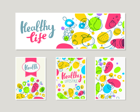 Vector illustration of fruits with text on light background with spots. のイラスト素材