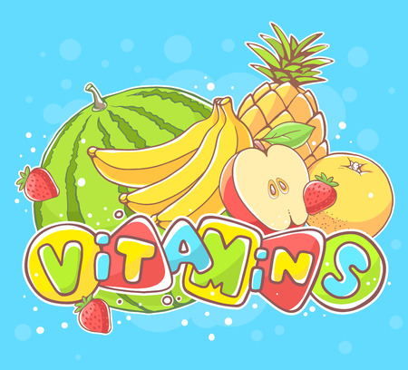 Vector illustration of fruits with text on blue background.のイラスト素材