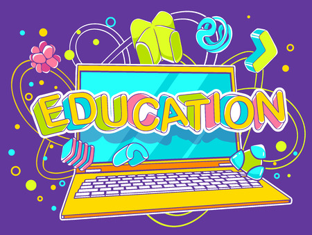 Vector illustration of laptop with text on purple background with abstract elements.のイラスト素材