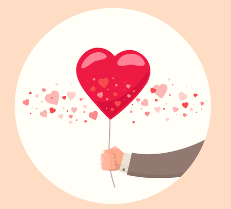Vector illustration of man hand holding red balloon on white background. Art design for Valentine's Day greetings and card, web, banner, poster, flyer, brochure, print.のイラスト素材