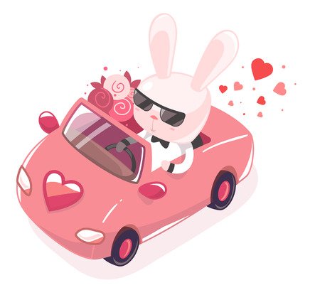 Vector illustration of pink bunny riding in red car with a bouquet on white background. Art design for Valentine's Day greetings and card, web, banner, poster, flyer, brochure, print.のイラスト素材