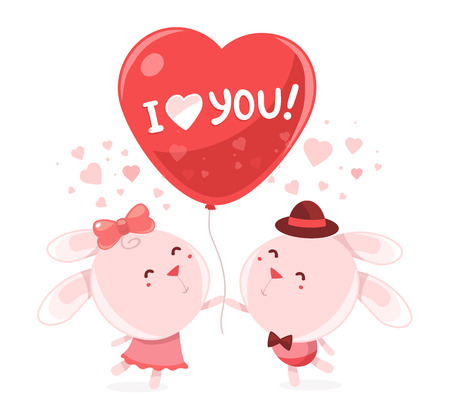 Vector illustration of two pink bunny holding big red balloon with the word love on white background. Art design for Valentine's Day greetings and card, web, banner, poster, flyer, brochure, print.のイラスト素材