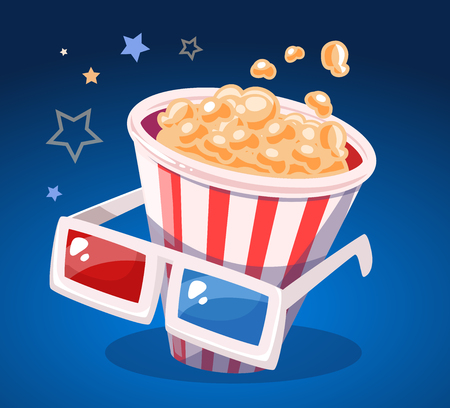 Vector illustration of red and white bucket with yellow popcorn and cinema glasses on blue background. Art design for web, site, advertising, banner, poster, flyer, brochure, board, paper print.のイラスト素材