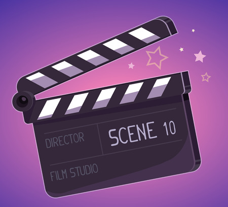 Vector illustration of big clapper board on purple background. Art design for web, site, advertising, banner, poster, flyer, brochure, board, paper print.のイラスト素材