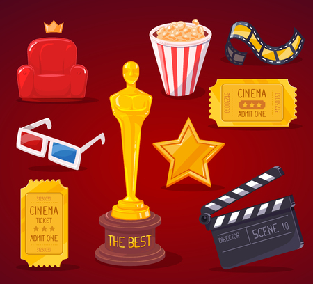 Vector illustration of big cinema objects collection on red background. Art design for web, site, advertising, banner, poster, flyer, brochure, board, paper print.のイラスト素材