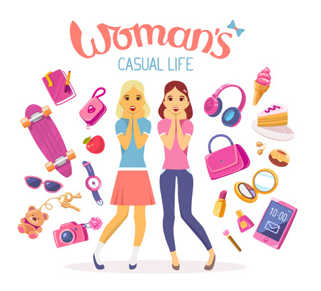 Vector colorful illustration of two young girls with many items on white background with text and blue bow. Art design for web, site, advertising, banner, poster, flyer, brochure, board, paper print.のイラスト素材