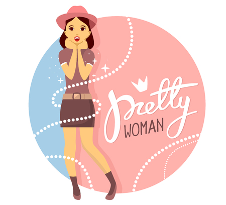 Vector colorful illustration of young girl in hat puts her hands together near the face and opens month with text  on pink and blue background. Art design for web, site, advertising, banner, poster, card, flyer, brochure, board, paper print.のイラスト素材