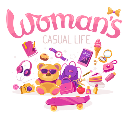 Vector colorful illustration of many young girl's items on white background with pink text and bow. Art design for web, site, advertising, banner, poster, flyer, brochure, board, paper print.のイラスト素材