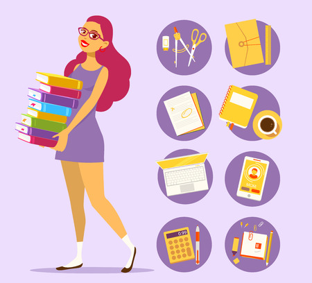 Vector illustration of young girl in dress with pile of books on purple background with set of study icons. Art design for web, site, advertising, banner, poster, flyer, brochure, board, paper print.のイラスト素材