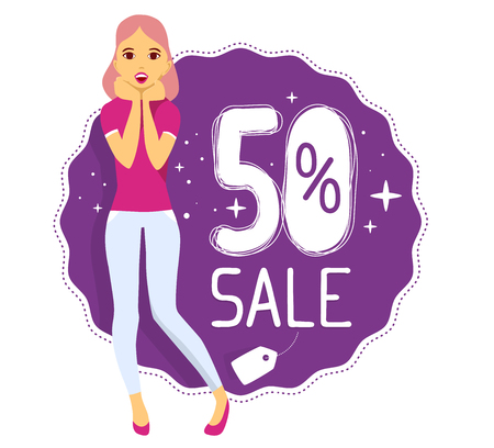 Vector illustration of young girl puts her hands together near the face and opens month with text 50% sale on purple background. Art design for web, site, advertising, banner, poster, flyer, brochure, board, paper print.のイラスト素材