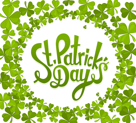 Vector illustration of St. Patrick's Day greeting with trifoliate clovers on white background. Art design for web, site, advertising, banner, poster, flyer, brochure, board, card, paper print.のイラスト素材