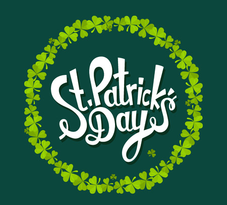 Vector illustration of St. Patrick's Day greeting with trifoliate clovers on dark green background. Art design for web, site, advertising, banner, poster, flyer, brochure, board, card, paper print.のイラスト素材