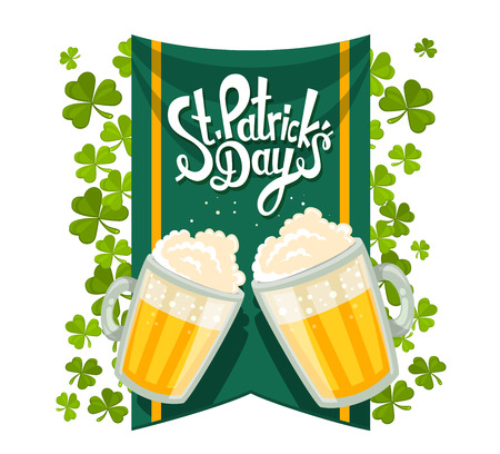 Vector illustration of St. Patrick's Day greeting with two big mugs of yellow beer with clovers, green flag and text on white background. Art design for web, site, advertising, banner, poster, flyer, brochure, board, card, paper print.のイラスト素材