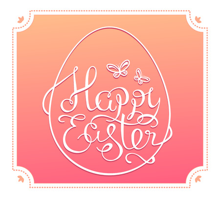Vector illustration of Happy Easter greetings with white egg on orange background with frame. Art design for web, site, advertising, banner, poster, card, paper print, postcard.のイラスト素材