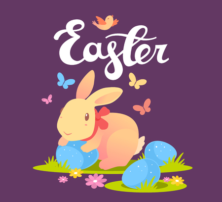 Vector illustration of Happy Easter greetings with yellow bunny with ribbon and blue eggs on dark purple background. Art design for web, site, advertising, banner, poster, card, paper print, postcard.のイラスト素材
